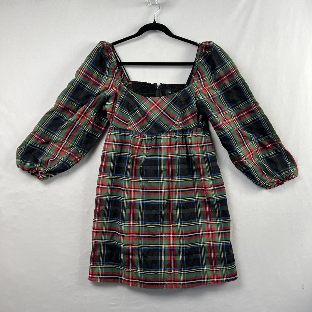 J Crew Babydoll Dress size 8 Black Green Plaid Smocking Pockets Party Preppy